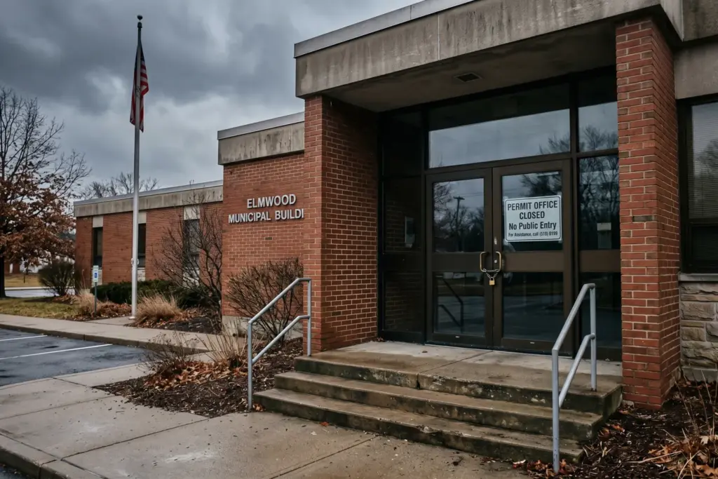 Municipal permit office with closed door representing STR permit freezes in 2026