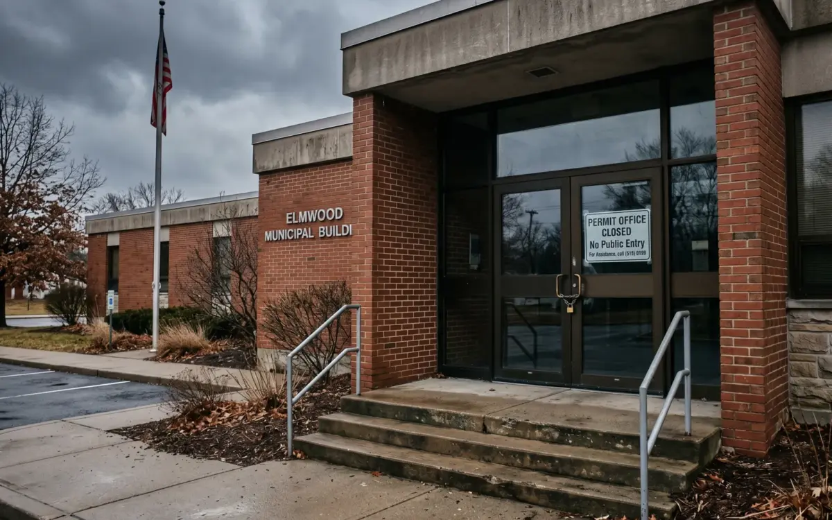 Municipal permit office with closed door representing STR permit freezes in 2026