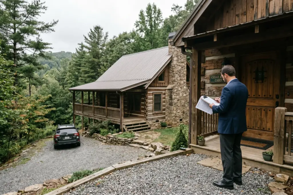 Investor reviewing short-term rental property management contract outside vacation rental property