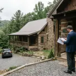 Investor reviewing short-term rental property management contract outside vacation rental property