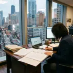 Property manager reviewing short-term rental contract documents in a professional office with city skyline