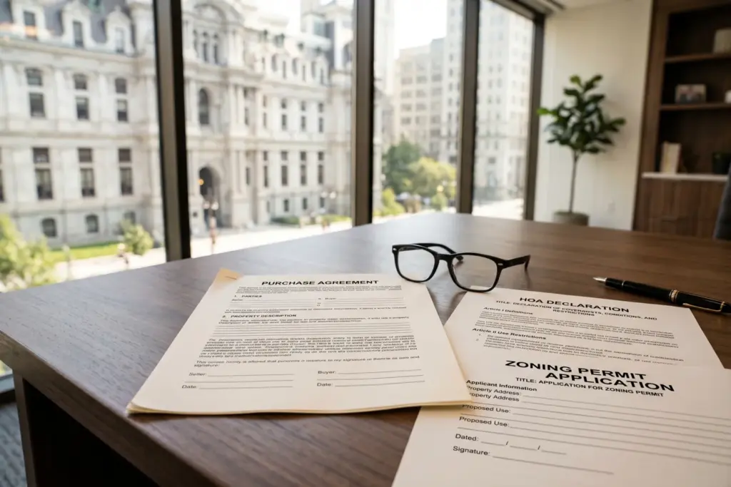 Real estate legal documents spread on a desk with reading glasses and city hall visible through window, representing STR purchase due diligence
