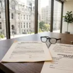 Real estate legal documents spread on a desk with reading glasses and city hall visible through window, representing STR purchase due diligence