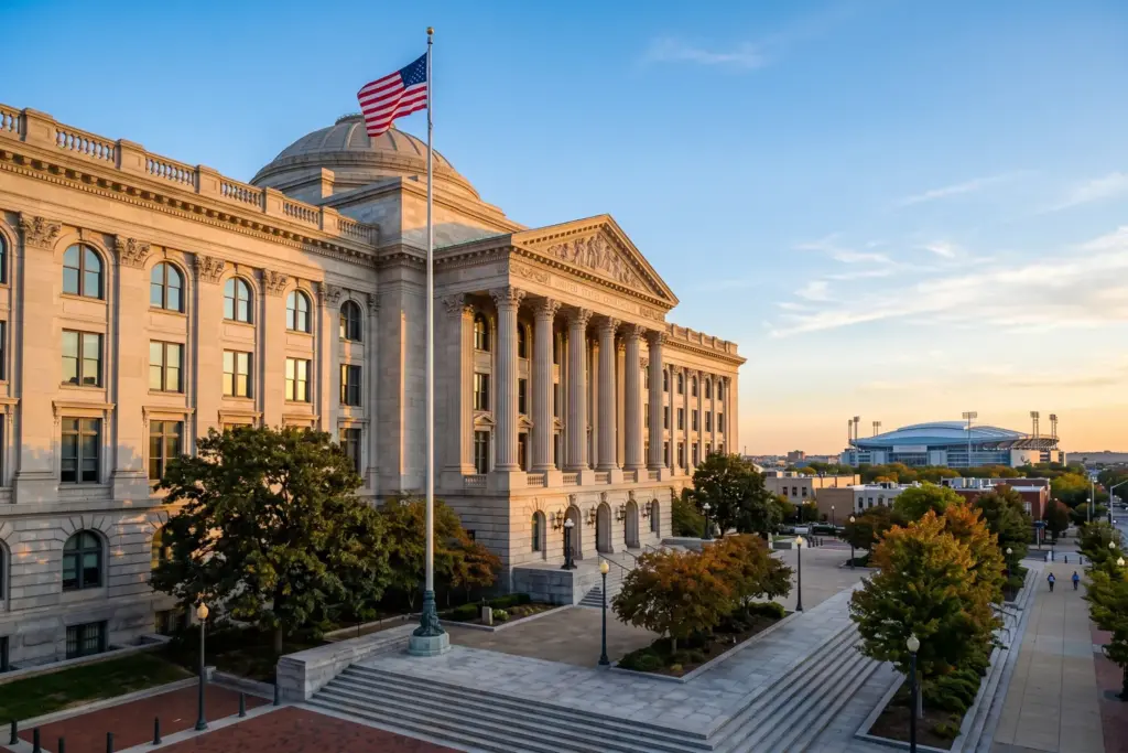 Federal courthouse exterior with American flag and stadium in background, representing STR legal status in World Cup host cities 2026