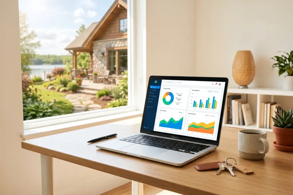 Laptop showing vacation rental property management software dashboard with house keys on a desk