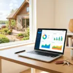 Laptop showing vacation rental property management software dashboard with house keys on a desk