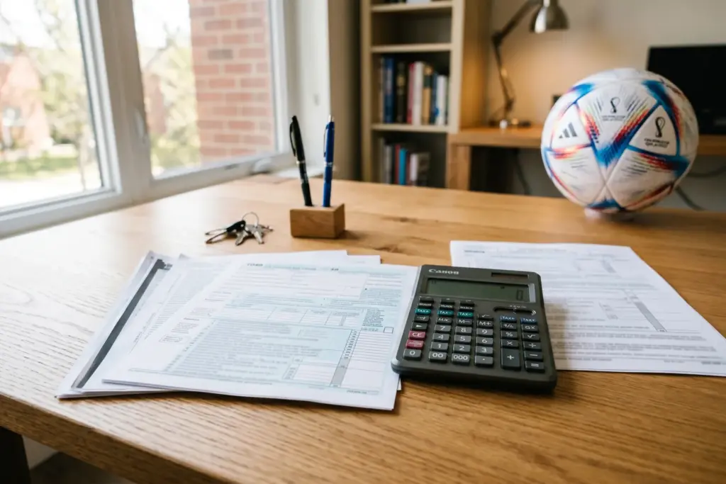 Tax documents and calculator with World Cup soccer ball, STR host tax planning