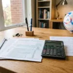 Tax documents and calculator with World Cup soccer ball, STR host tax planning