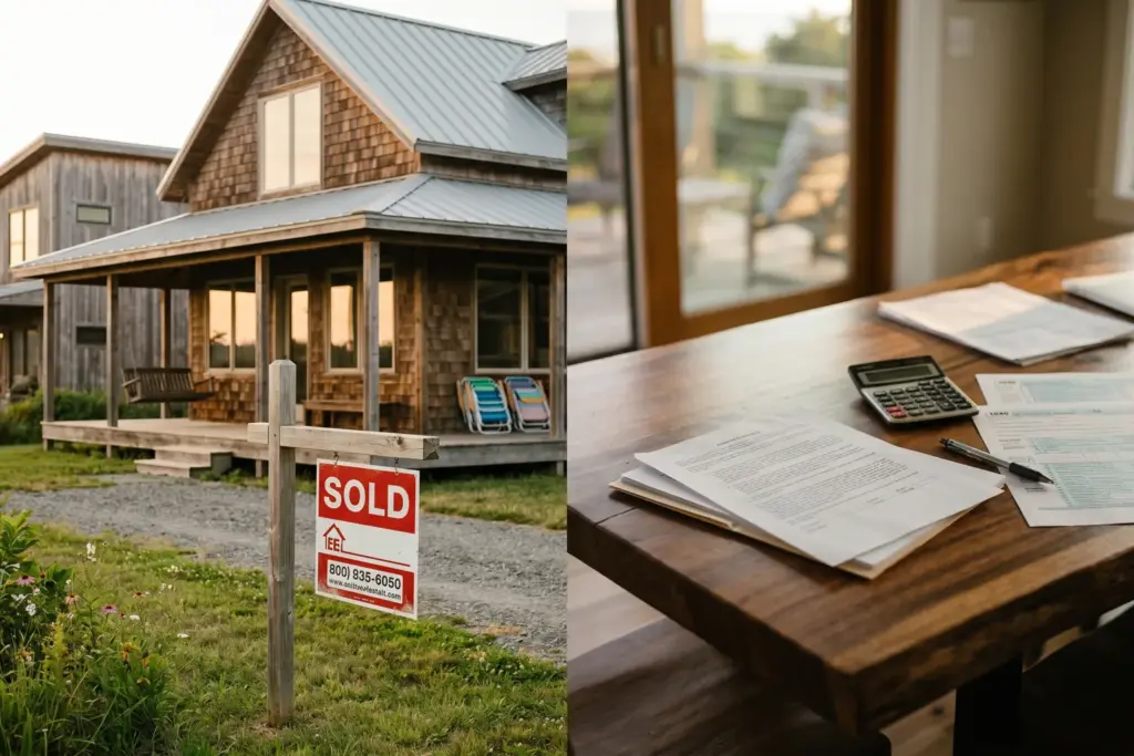 Tax documents and calculator alongside a vacation rental property with a sold sign, representing STR capital gains and depreciation recapture taxes