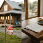 Tax documents and calculator alongside a vacation rental property with a sold sign, representing STR capital gains and depreciation recapture taxes