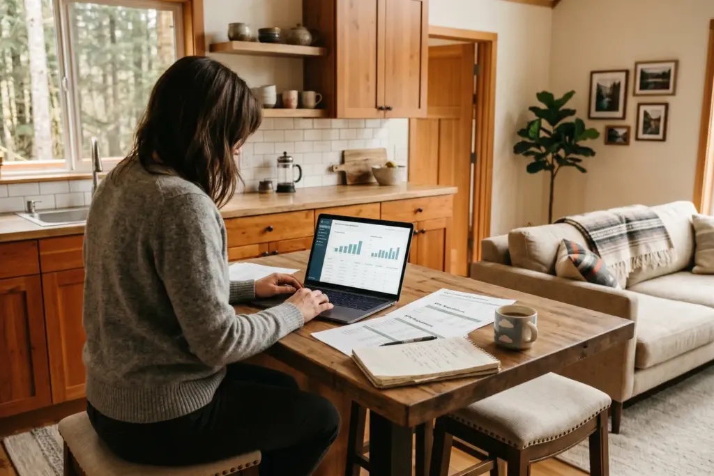 First-time STR investor reviewing rental income data in a vacation rental property