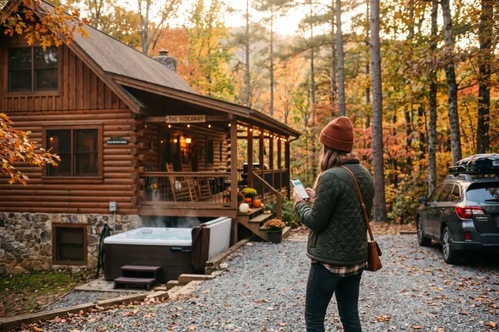 Investor evaluating a mountain cabin vacation rental property from the driveway