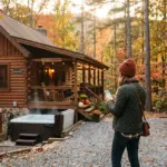 Investor evaluating a mountain cabin vacation rental property from the driveway