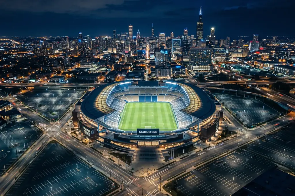 Aerial view of a World Cup stadium at night in an American host city