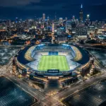 Aerial view of a World Cup stadium at night in an American host city