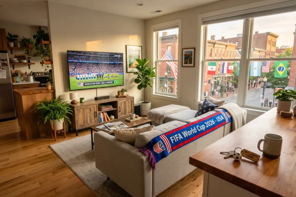 STR vacation rental living room decorated for World Cup 2026 with soccer scarf and match on TV