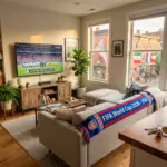 STR vacation rental living room decorated for World Cup 2026 with soccer scarf and match on TV