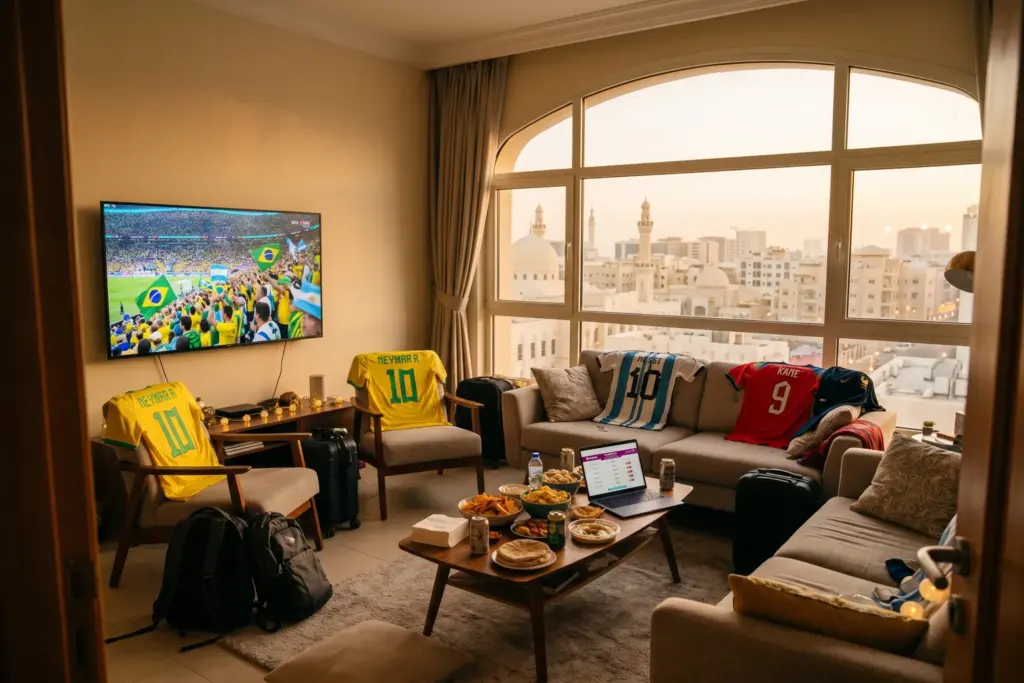 Short-term rental living room decorated for World Cup 2026 with soccer jerseys and TV