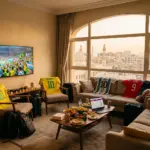 Short-term rental living room decorated for World Cup 2026 with soccer jerseys and TV