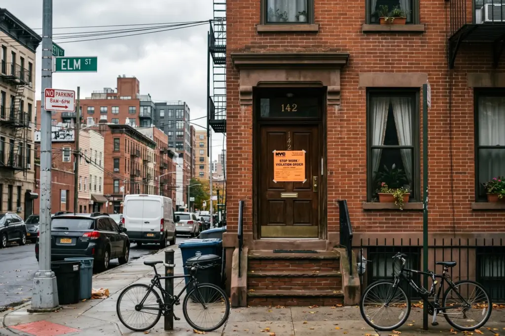 City code enforcement officer in front of a short-term rental property with a notice posted on the door in an urban American neighborhood