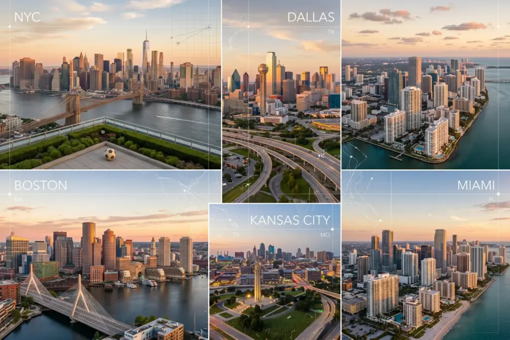 Aerial view of US World Cup host city skylines representing short-term rental investment opportunities