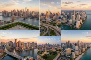 Aerial view of US World Cup host city skylines representing short-term rental investment opportunities
