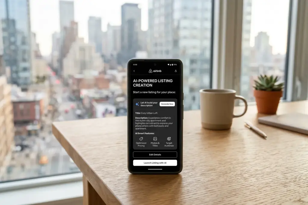 Smartphone showing Airbnb app with AI-powered Smart Setup listing creation tool for the 2026 Summer Release