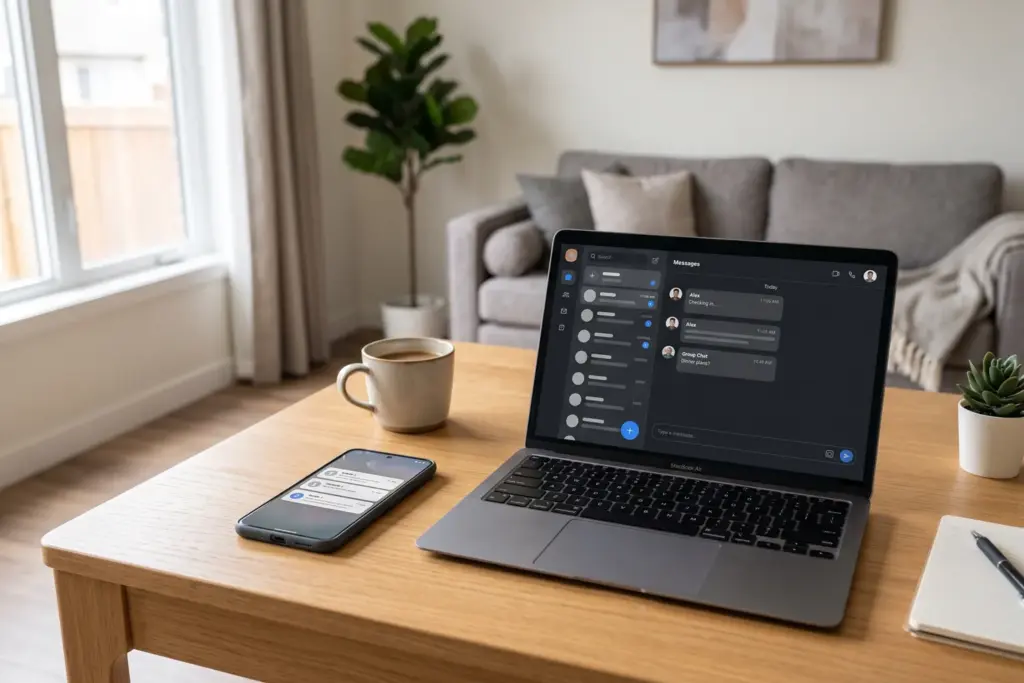 Laptop and smartphone showing STR automated messaging dashboard in a vacation rental living room