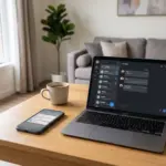 Laptop and smartphone showing STR automated messaging dashboard in a vacation rental living room