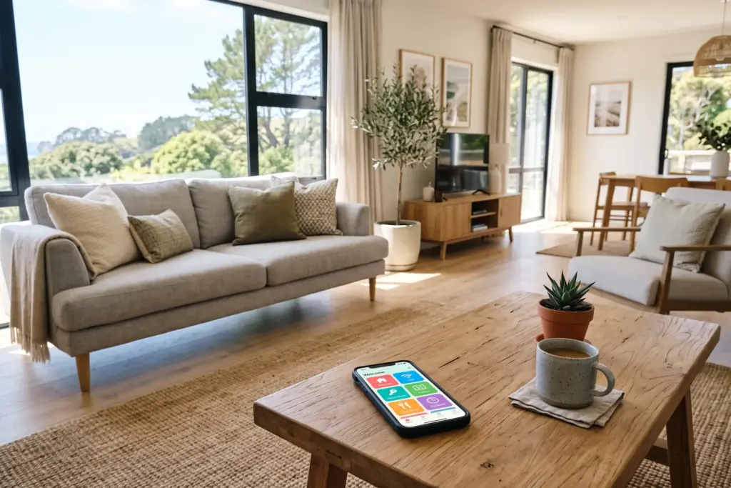 Smartphone displaying a digital welcome book guide on a vacation rental coffee table