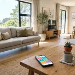 Smartphone displaying a digital welcome book guide on a vacation rental coffee table