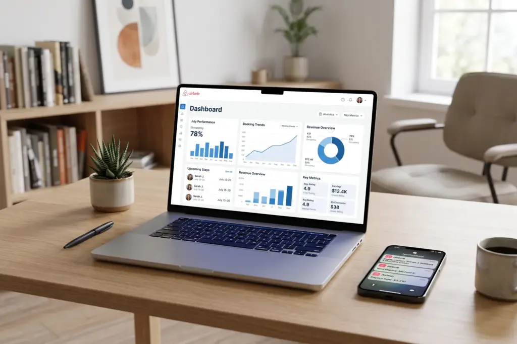 Airbnb host dashboard showing Instant Book settings and booking analytics on laptop screen