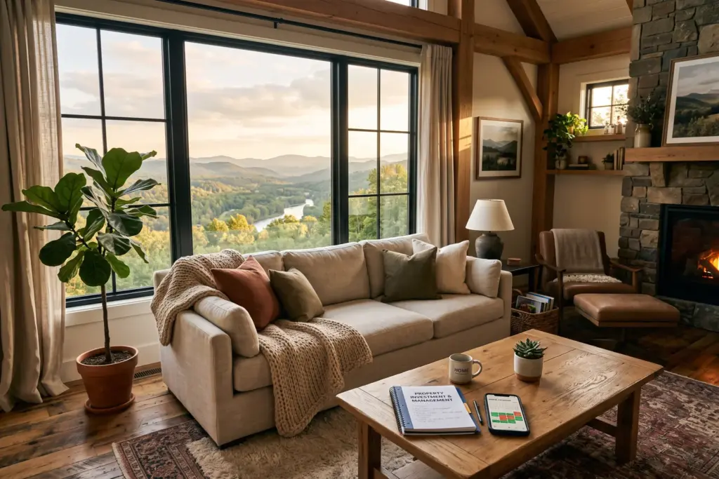 Cozy short-term rental living room with warm natural light representing successful STR investment