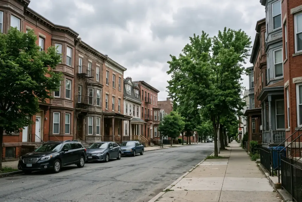 Urban residential street with apartment buildings representing Airbnb host supply constraints in 2026
