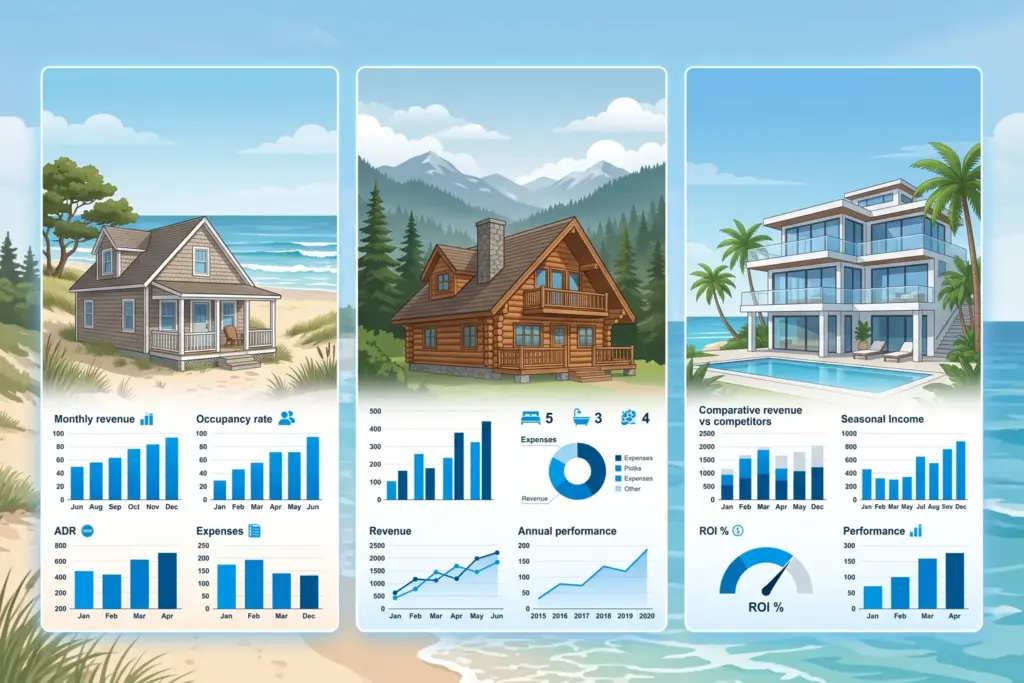 Chart comparing airbnb revenue by bedroom count across beach mountain and urban STR markets in 2026