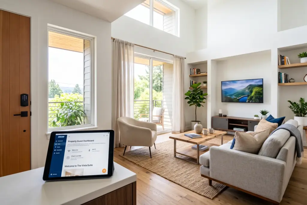 Modern vacation rental living room with smart home tech and laptop showing Airbnb dashboard