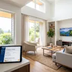Modern vacation rental living room with smart home tech and laptop showing Airbnb dashboard