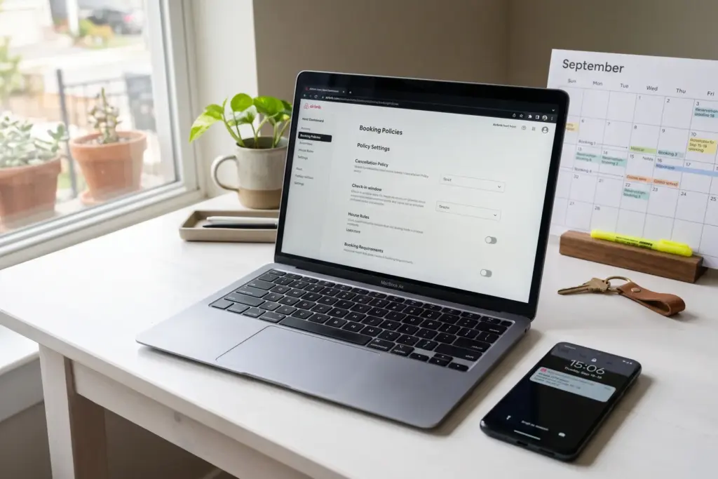Airbnb host dashboard showing cancellation policy settings on laptop - strict policy removed 2026