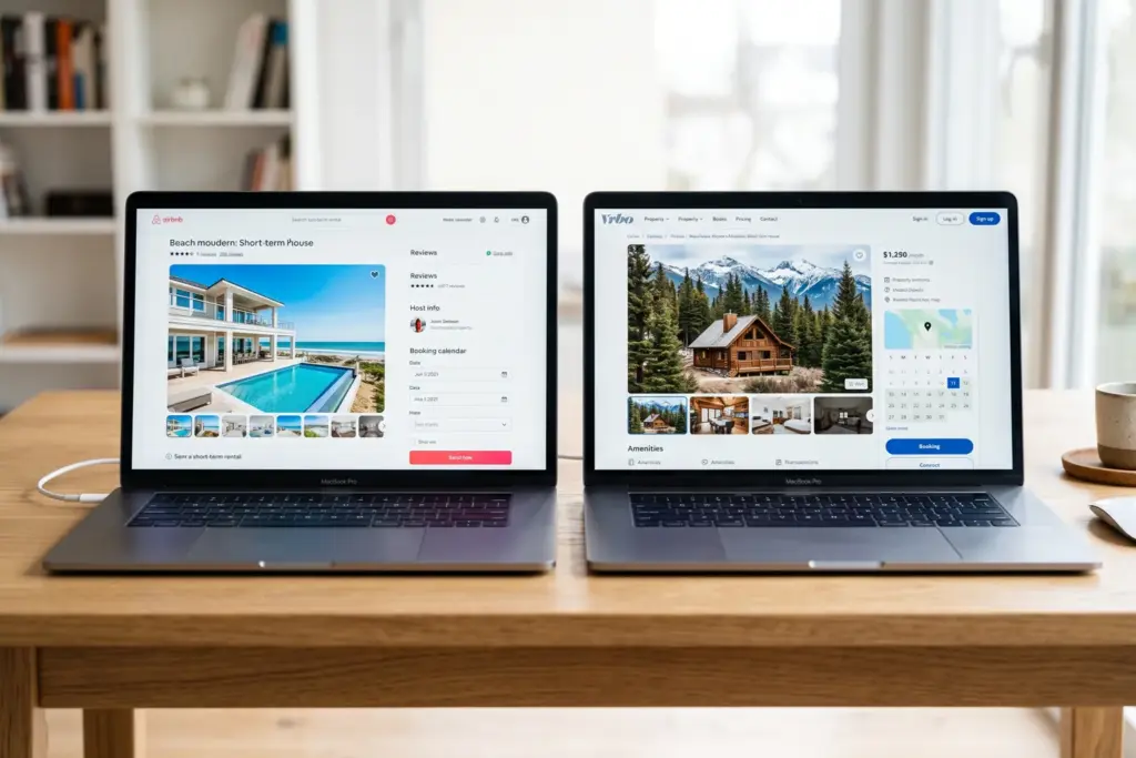 Split screen showing Airbnb and VRBO listing interfaces on laptops side by side