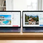 Split screen showing Airbnb and VRBO listing interfaces on laptops side by side
