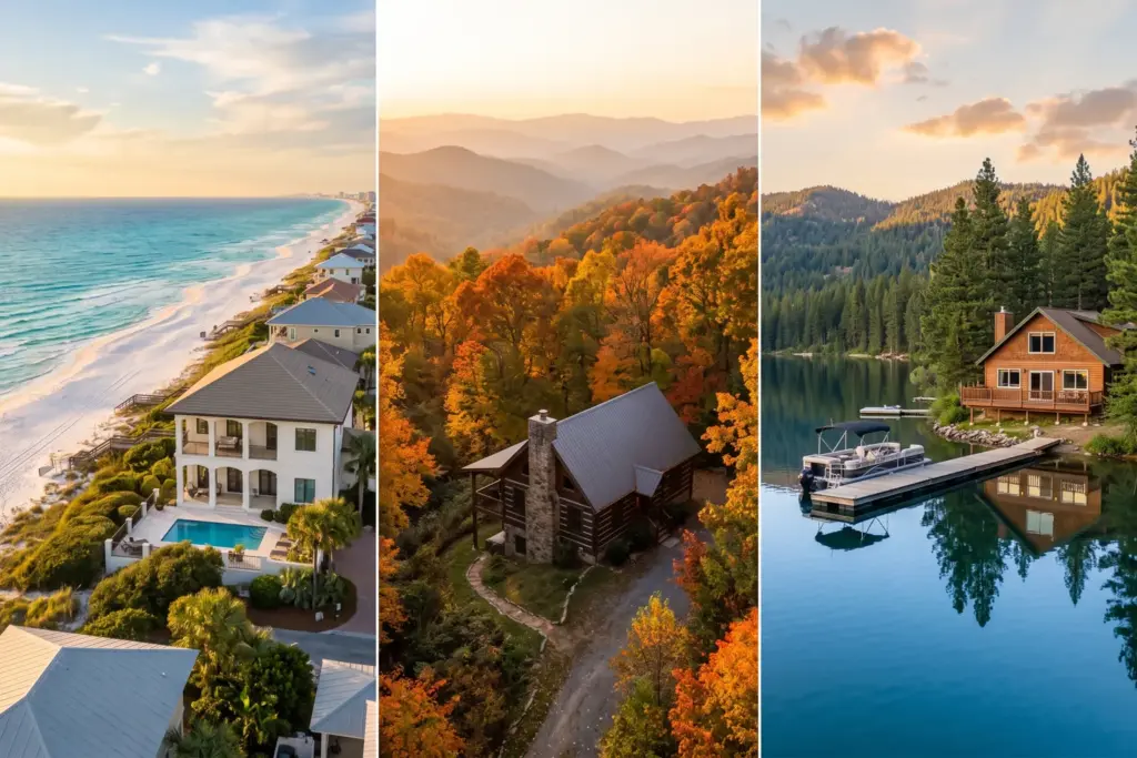 Aerial view of three vacation rental market types: Gulf Coast beach house, Smoky Mountain cabin, and lakeside property