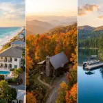Aerial view of three vacation rental market types: Gulf Coast beach house, Smoky Mountain cabin, and lakeside property