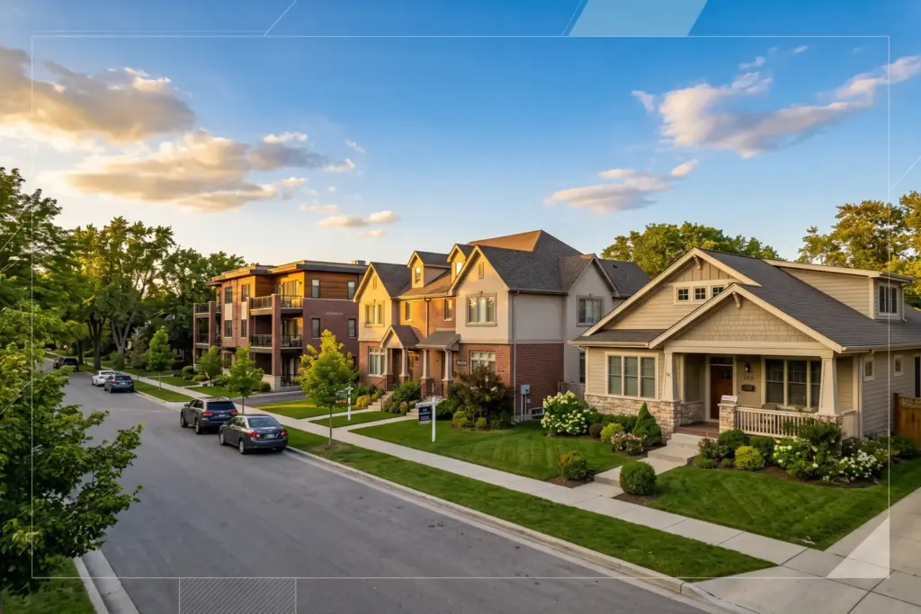 Suburban American neighborhood representing low-risk STR investment markets for first-time buyers in 2026