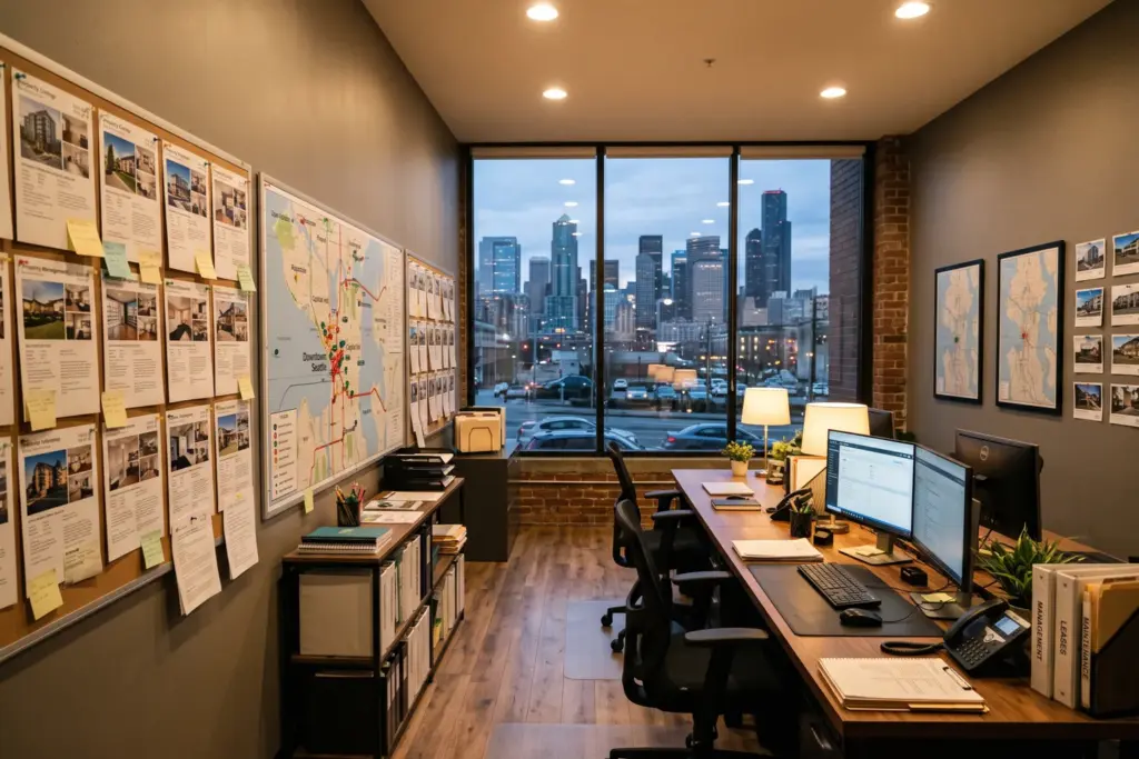 Professional property management office with listing boards and city map showing STR management operations