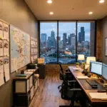 Professional property management office with listing boards and city map showing STR management operations