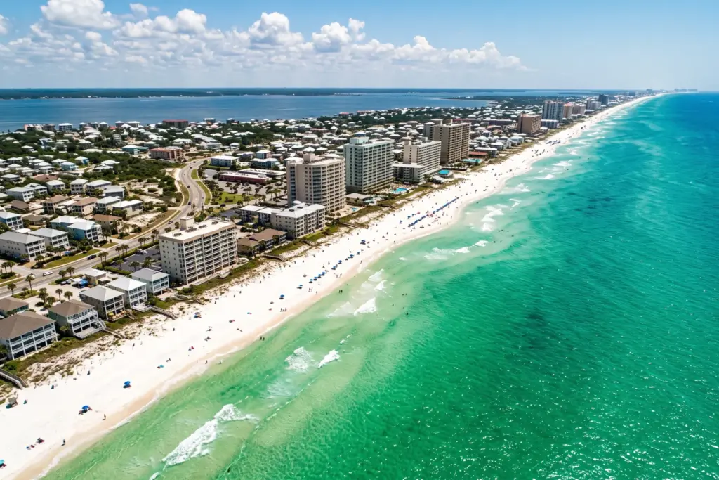 Aerial view of Destin Florida Emerald Coast beach and vacation rental properties