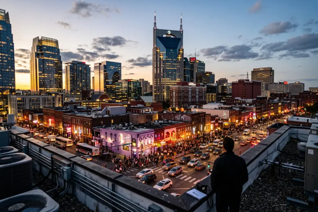 Nashville Tennessee skyline at dusk showing downtown Broadway district and AT&T Batman Building for STR property manager ranking article