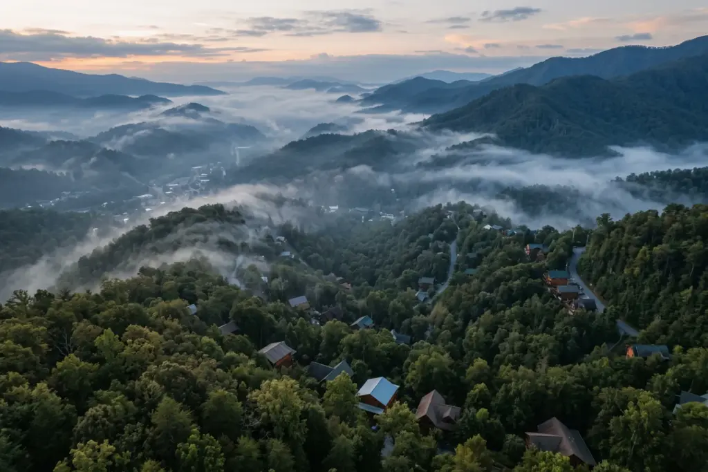 Misty Smoky Mountains cabin landscape in Gatlinburg Tennessee