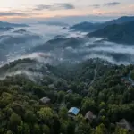 Misty Smoky Mountains cabin landscape in Gatlinburg Tennessee