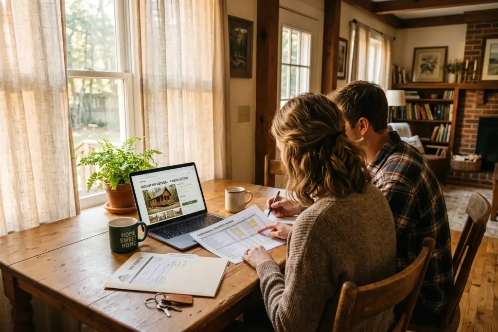 Two partners co-owning an Airbnb review property documents and data at a kitchen table